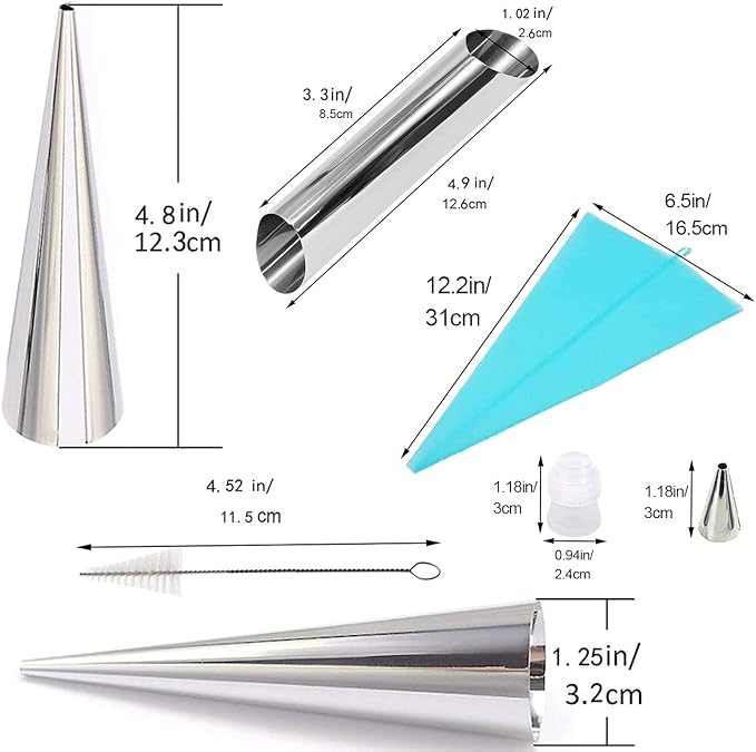 ABSOK Cannoli Tubes Cream Corner Molds, Stainless Steel Cream Roll Spiral Croissant Cone Molds, Cake Tool Kit With Ice Spout and Cleaning Brush (24 PCS)