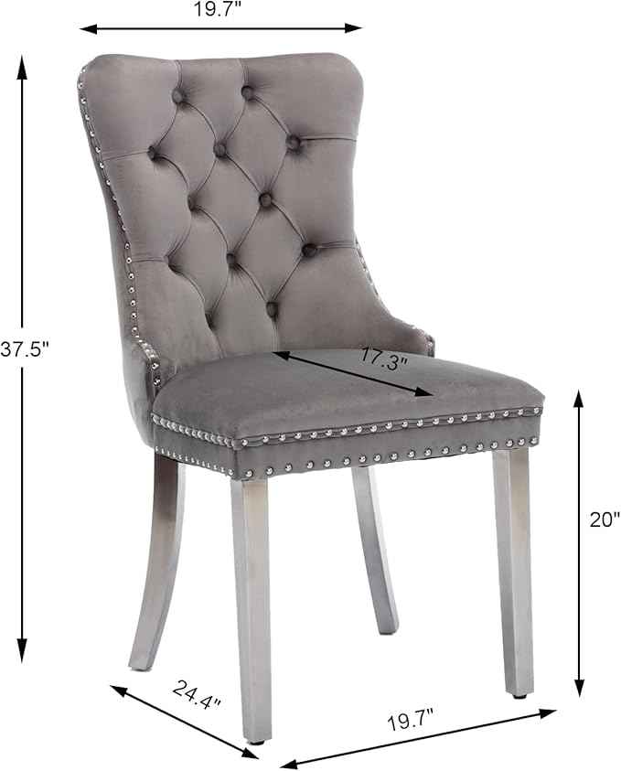 Velvet Dining Chairs Set of 2, Upholstered Dining Room Chairs with Back Ring Pull Trim and Sliver Stainless Steel Legs,Tufted Wingback Chair Perfect for Dining Room,Kitchen(Grey)