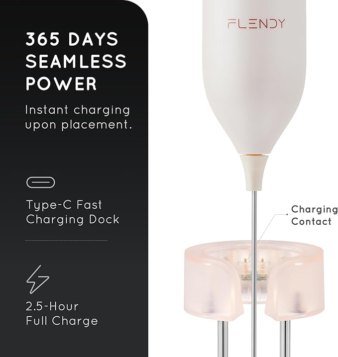 Flendy Rechargeable Milk Frother Handheld, Coffee Frother Handheld with USB-C Charging Stand, Electric Drink Mixer Handheld, Mini Electric Whisk Frother for Coffee, Matcha, etc