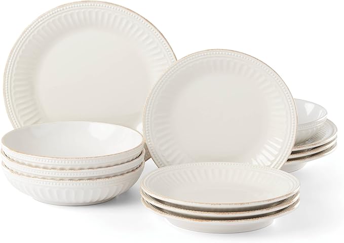 Lenox 891196 French Perle Groove White 12-Piece Pasta Bowl Dinnerware Set, Service For 4