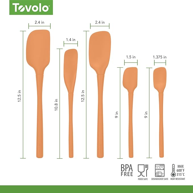 Tovolo Flex Core 5 Piece Silicone Spatula Set Heat Resistant All Silicone Utensils Include Non Stick Spatula Spoonula Jar Scraper, Dishwasher Safe BPA Free Spatulas for Baking Mixing, Apricot Orange