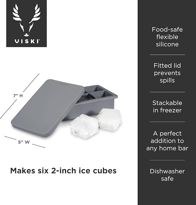 Viski Ice Cube Tray with Lid, Easy Release Large Silicone Mold, 2 Inch Ice Cubes for Whiskey, Cocktails, Mixed Drinks, Iced Coffee, Kitchen & Home Bar Accessories, Man Cave Gifts, Set of 1, Gray