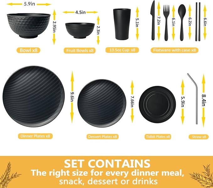 Teivio 88-Piece With Flatware Kitchen Plastic Wheat Straw Dinnerware Set for 8, Dinner/Dessert/Appetizer Plates, Cereal Fruit Bowls, Pasta Bowls, Cups, Unbreakable Dishwasher Safe Outdoor Dish, Black