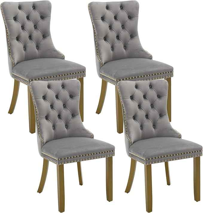 Velvet Dining Chairs Set of 4, Kitchen & Dining Room Chairs, Upholstered Dining Chairs with Back Ring Pull and Golden Solid Wood Legs, Modern Tufted Kitchen Chairs for Dining Room, Light Grey