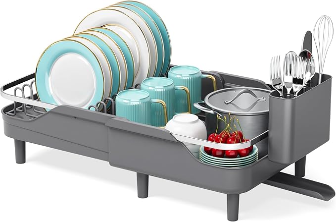 Urackify Expandable Dish Rack for Kitchen Counter, 16.14"-23.62" Large Stainless Steel Dish Drying Rack with Adjustable Water Spout, Space Saving Dish Drainer with Auto Draining Cutlery Holder,Grey