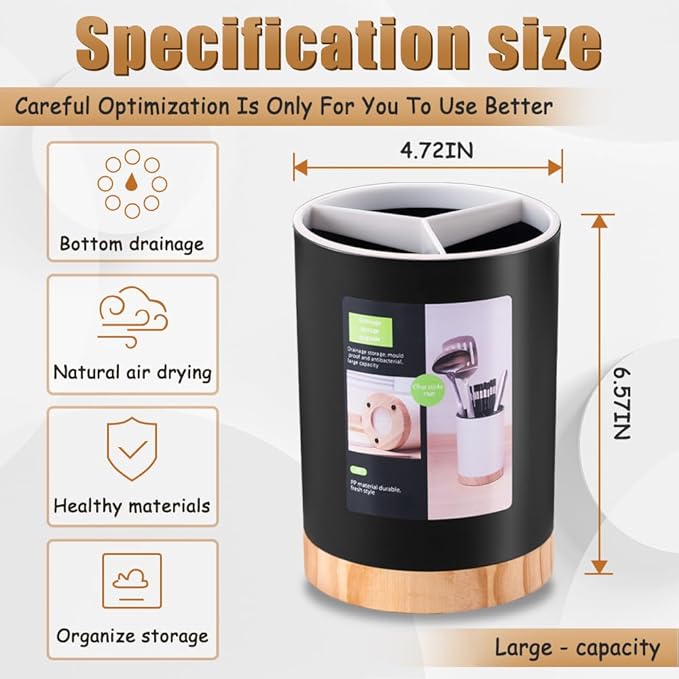 Kitchen Utensil Holder Tableware Storage Bucket, Spoon Chopsticks Fork Drain Rack Utensil Crock for Counter, Household 3-Format Tableware Drainer with Removable Divider and Wooden Base