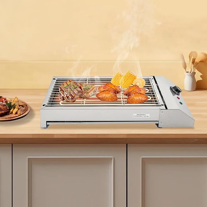 Electric Grill Griddle, Commercial Electric Indoor BBQ Grill with Temperature Control to 572°F, Removable Grill and Griddle Plates, Portable Stainless Steel Barbecue Oven Grill