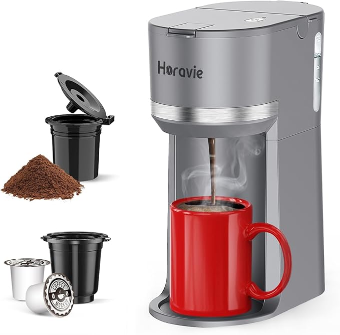 Horavie Mini Single Serve Coffee Maker for K Cup Pods and Ground Coffee, Fast Brew One Cup Coffee Machine with Descaling Reminder and Water Window, 6 to 12 oz. Brew Sizes, Gray