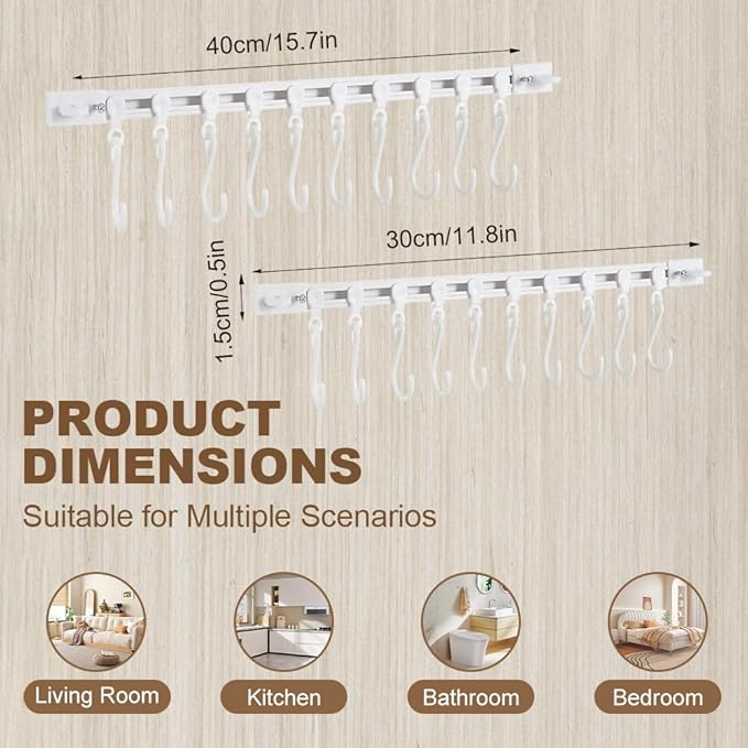 Multifunctional Slide Rail Hook,Kitchen Utensil Hanging Rack Wall Mounted Hanger,Space Saving Utensil Holder with 10 Hooks ,Sliding Track Hook No Drilling Hanger for Home Office (Length 40cm/1pcs)