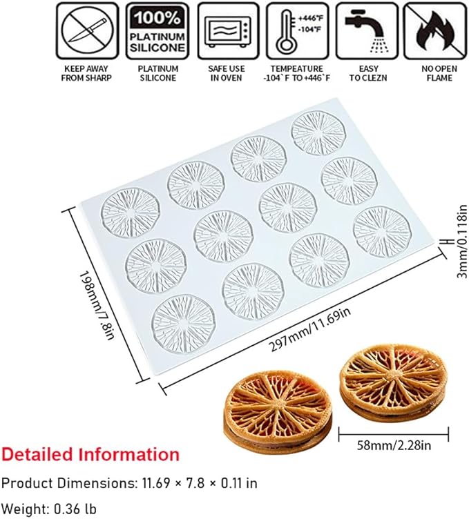 Hollow 3D Leaf Tuille Lace Silicone Cake Moulds, Molds Silicone Baking Fondant Tuile Molds, Polymer Clay Mold for Baking, Clay, Resin, Sugar Craft, Dessert Cake Decoration (1pcs Lemon Slices Mold)