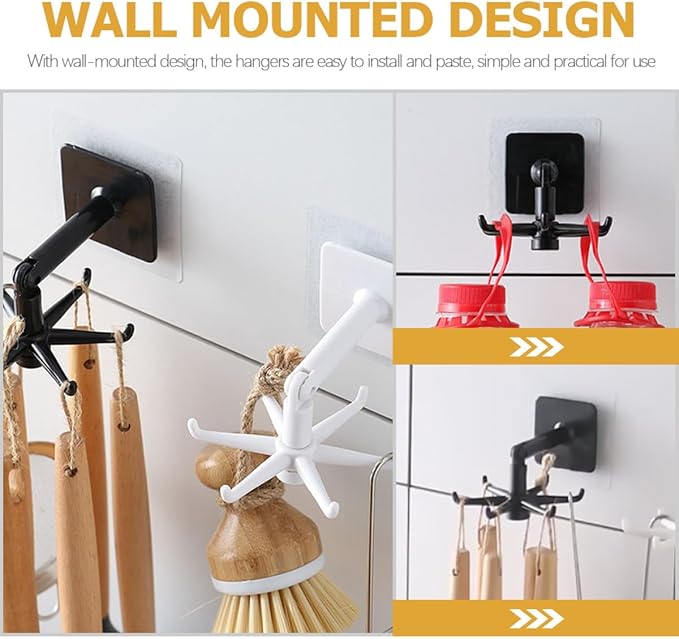 ARTIBETTER 4pcs Rotatable Kitchen Utensil Hooks Set, 360° Swivel Hanging Holders for Wall Under Cabinet Storage, Black and White Non-Drill Hooks for Space-Saving Organization