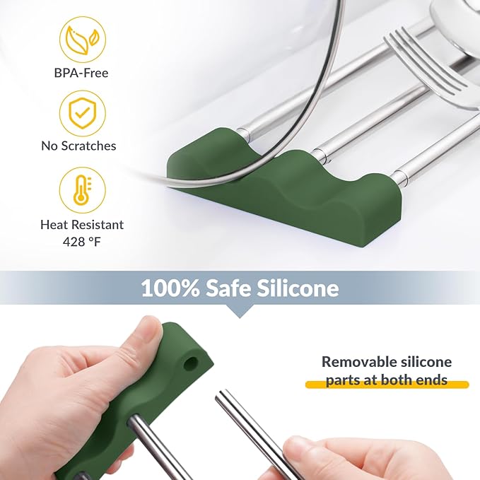 Tomorotec Adjustable Over-The-Sink Kitchen Rack for Dishcloths, Sponges, and Brushes - Heat-Resistant Stainless Steel with Slim, Expandable Design and Multifunctional Silicone Holder (Army Green)