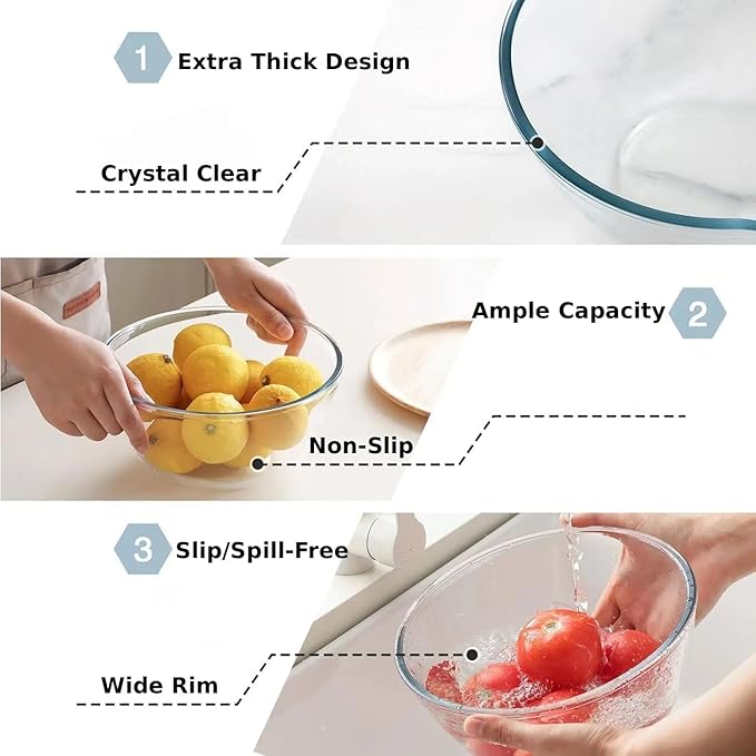 Cuiselect 4pc Glass Mixing Bowls Sets (2.80QT, 1.64QT, 1.16QT, 0.85QT), Nesting Mixing Bowls for Cooking Prep, Baking, Storage, Large Salad Bowls Sets-Dishwasher Microwave Freezer Safe