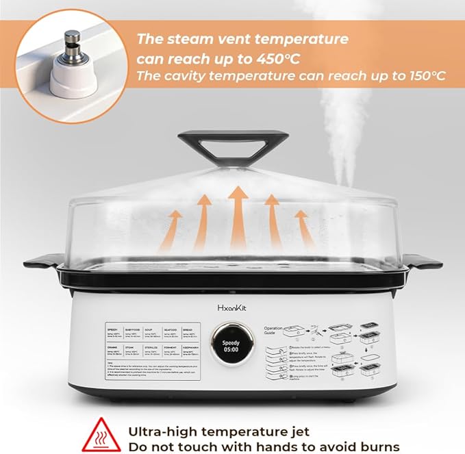 450C/842F Electric Food Steamer,Superheated Steam Cooker, 40% Less Fat, Premium Borosilicate Glass Lid, 10 One-Touch Presets, No Descaling 2+ Years, Real-Time Temp Display, 8 Qt 1800W White