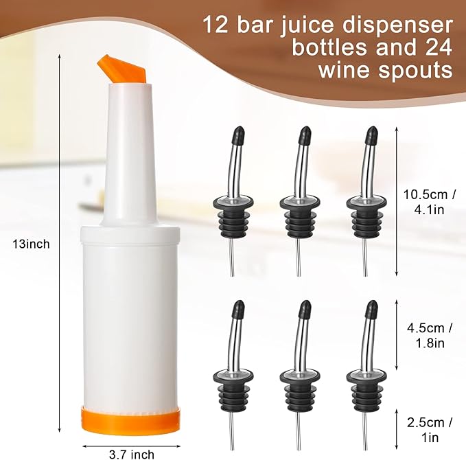 Chengu Fruit Juice Pour Bottles 34 oz Plastic Liquor Bar Supplies with Stainless Steel Bottle Pourer Tapered Spout for Cocktail Bartending Liquor Juice Store(Multi Colors,12 Pack)