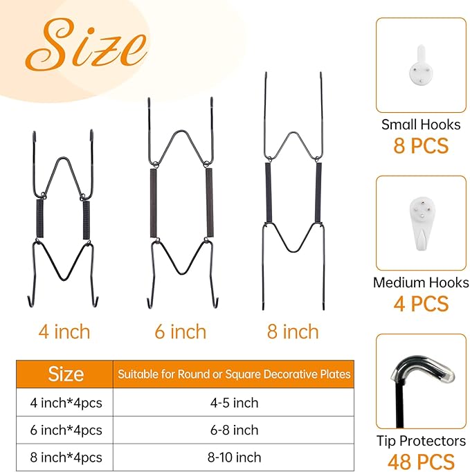 Bilillo 12 Pieces Plate Wall Hangers for Display - 4/6/8 Inch Invisible Plates Hanger, Stainless Steel Plate Holders with 12 Pieces Wall Hooks for 4 to 10.5 Inch Decorative Plates and Arts (Black)