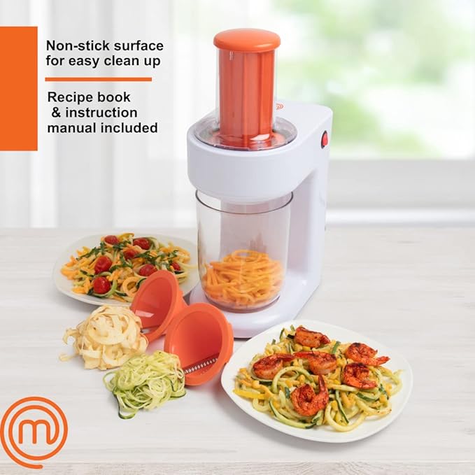 MasterChef Electric Spiralizer- 3-in-1 Vegetable Noodle Pasta Maker- Homemade Low Carb, Keto, Vegan, Gluten Free- Zoodle Zucchini Veggie Slicer & XL Hopper, FREE Recipes- Quick Healthy Meal Prep Gift