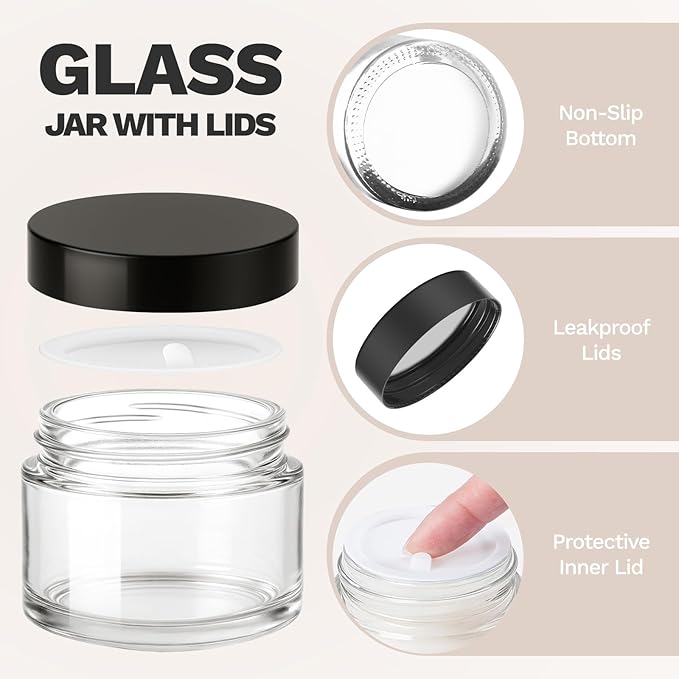 1 oz Round Clear Glass Jars, Bumobum 105 Pack Cream Jars with Black Lids, Black and White Labels & Inner Liners, Empty Cosmetic Containers for Cream, Lotion