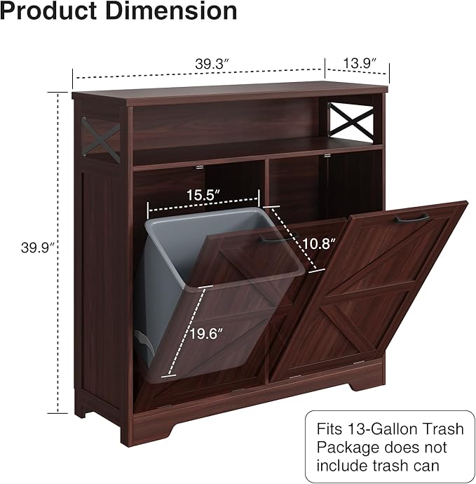 Befrases Double Tilt Out Trash Can Cabinet for 13 * 2 Gallon Garbage Can, Farmhouse Kitchen Garbage Trash Bin for Hidden Laundry Basket, Dual Dog Proof Recycling Cabinet for Living Room, Dark Brown