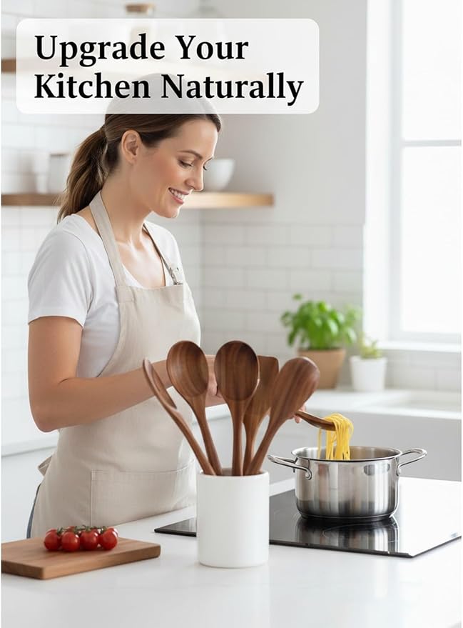 Natural Teak Wood Kitchen Utensil Set - 6 Piece Non-Stick Cooking Spoons & Spatulas, Heat Resistant & Eco-Friendly, Durable Wooden Tools for Nonstick Cookware