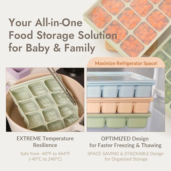 Baby Food Storage Silicone Cubes with Clip-On Lid Freezer Tray Baby Food Soups Purees Ice Easy and Safe Design Made in Korea (20 Sand Beige)