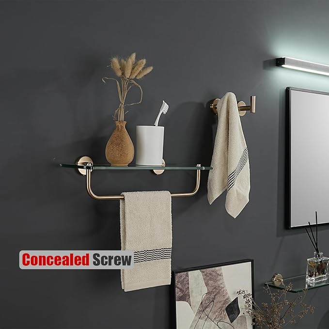 JQK Bathroom Glass Shelf, Shelf with 15 Inch Towel Bar Tempered Glass Shower Storage 16 by 5 inches, 304 Stainless Steel Champagne Bronze Wall Mount, TGS100L16-CB