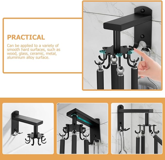 Zerodeko Rotatable 8-Claw Kitchen Utensil Hooks, Thickened Black Space Aluminum Wall Hooks for Hanging, 360° Swivel Multifunctional Hanging Organizer for Home Kitchen Storage