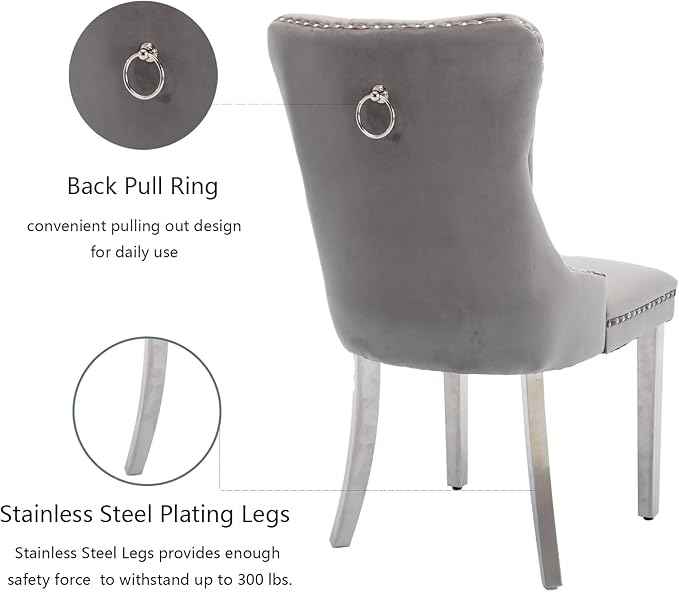 Velvet Dining Chairs Set of 2, Upholstered Dining Room Chairs with Back Ring Pull Trim and Sliver Stainless Steel Legs,Tufted Wingback Chair Perfect for Dining Room,Kitchen(Grey)