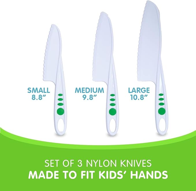 Curious Chef Kid Safe Kitchen Knife Set - 3-Piece Nylon Knives for Kids, White & Green, Ages 4+ - Non-Scratch Tools for Nonstick Pans & Kitchen Tool Set
