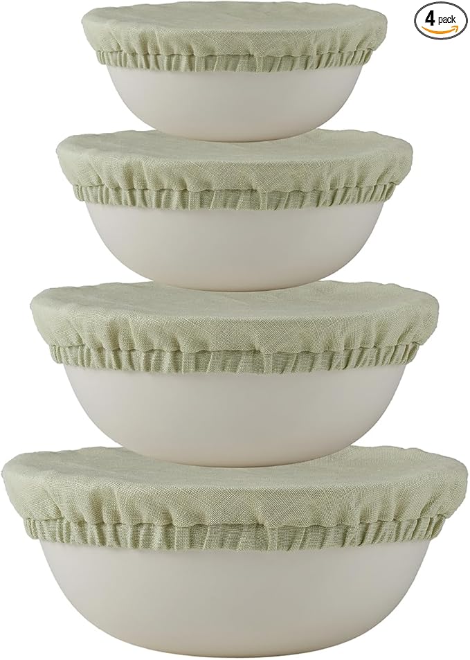 100% Pure Linen Bowl Covers For Bread Proofing, 4 Pcs Elastic Reusable Solid Color Cloth Fabric Bowl Covers,XL Organic Washable Large Stretch Sourdough Lids 6 * 8 * 10 * 12 Inches, Green