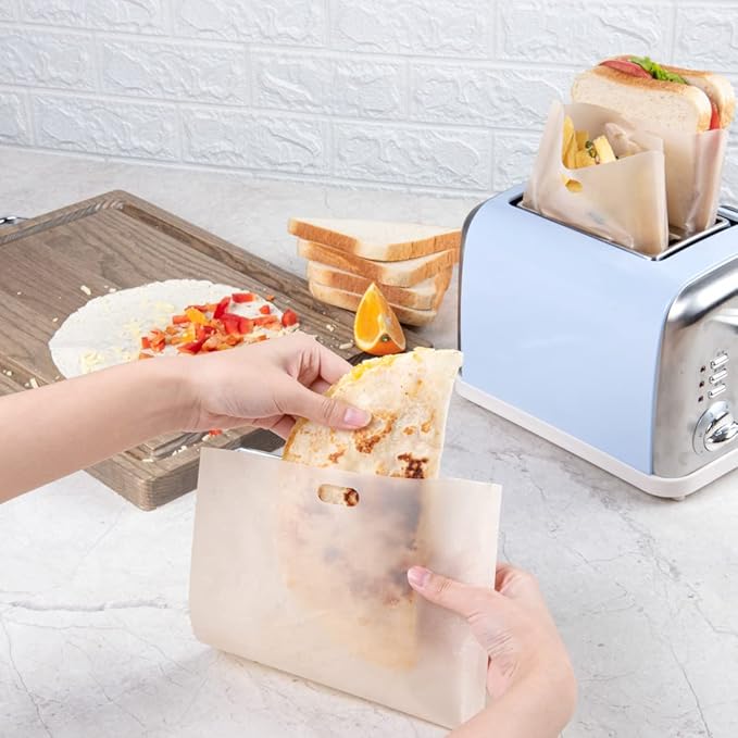 Restaurantware Bag Tek 8.7 x 7.9 Inch Toaster Bags 10 Large Toaster Sandwich Bags - Multipurpose Non-Stick Kraft Plastic Toaster Sleeves Semi-Disposable