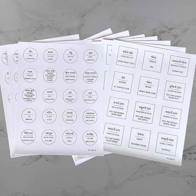 136 Printed Indian Gujarati Bilingual Plus 40 Blank Kitchen Pantry Labels, Minimalist, Waterproof, Dishwasher-Safe, Easy to Remove and Re-Stick