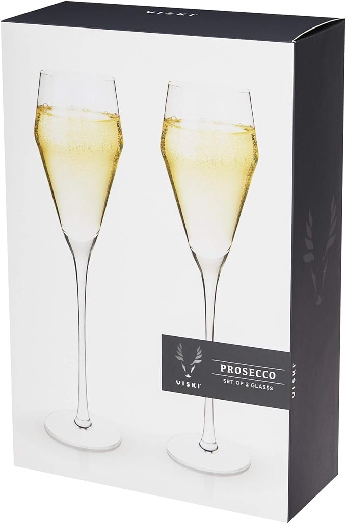 Viski Angled Prosecco Sparkling Wine Glasses, Crystal Clear Long Stemmed Champagne Glasses Gift Set, Sleek Glassware for Wedding Gifts, Housewarming, Dinner Party, Home Bar, 8 oz, Set of 2