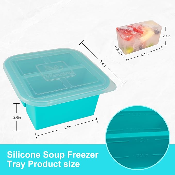 Silicone Freezer Tray with Lid 2 Pack Silicone Freezer Molds Ice Cube Tray Makes 4 Perfect 1 Cup Portions Soup Cubes Meal Prep Containers- Oven & Dishwasher Safe