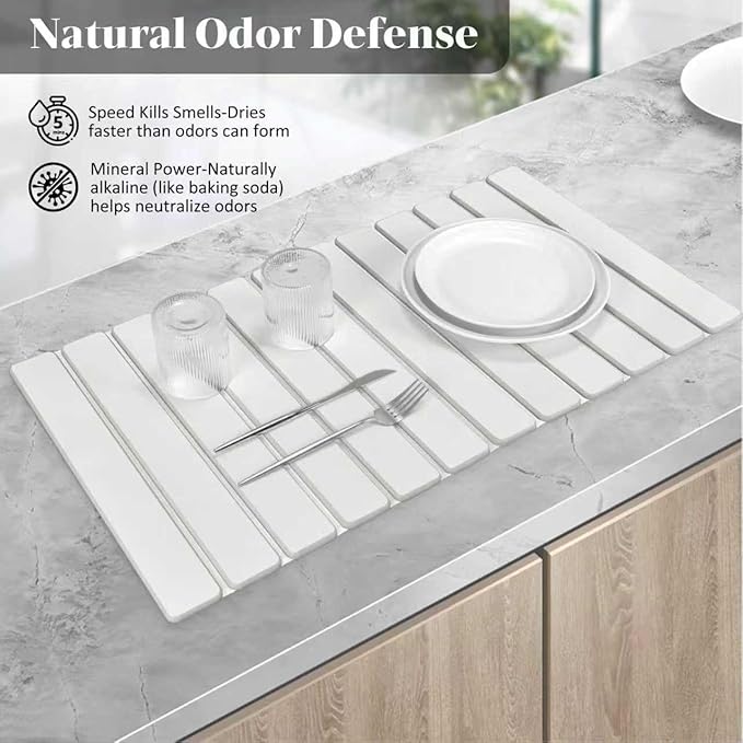 Large Stone Dish Drying Mats for Kitchen Counter, 28"(L)×16"(W), Quick Drying Collapsible Dish Drying Mat, Absorbent Eco-Friendly Diatomaceous Earth Mats for Dishes Bottles, Match Any Countertop