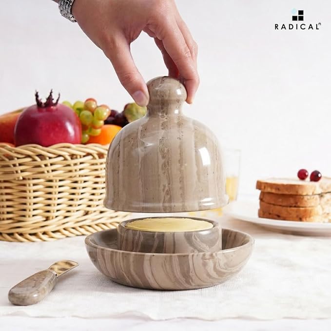 Radicaln Marble Butter Dish With Lid 6" Inches Natural Brown Handmade Butter Storage Container, Ideal Butter Dish and Butter Crock For Counter With Water