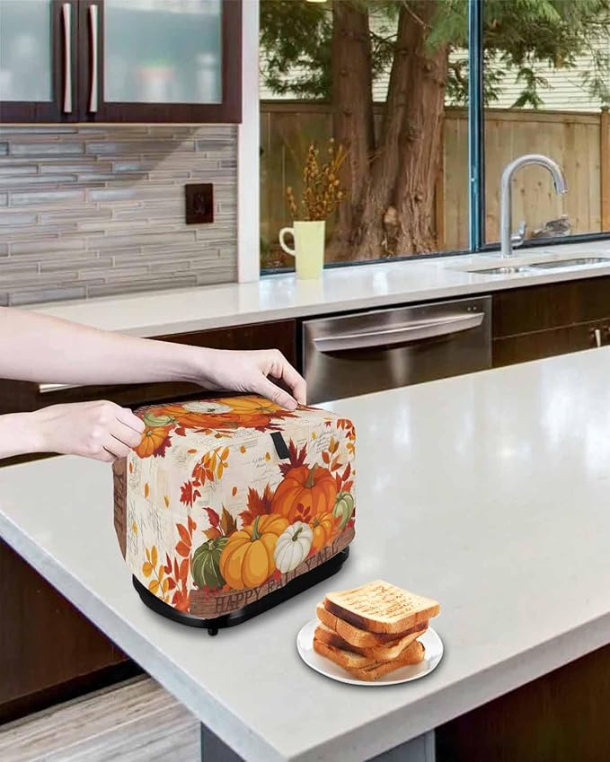 Orange Pumpkins Fall Toaster Cover 2 Slice, Thanksgiving Maple Leaf Dustproof Bakeware Oven Protector with Top Hook, Autumn Retro Waterproof Small Kitchen Appliance Toasters Dust Cover, 11"x6"x8"