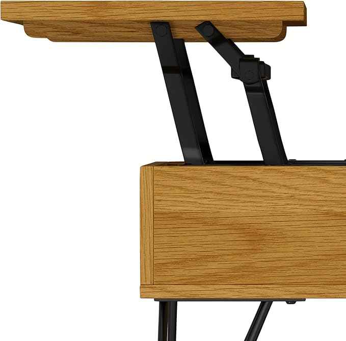 SIMPLIHOME Hunter 48 inch Wide Rectangle Industrial Lift Top Coffee Table in Oak Veneer for the Living Room and Family Room