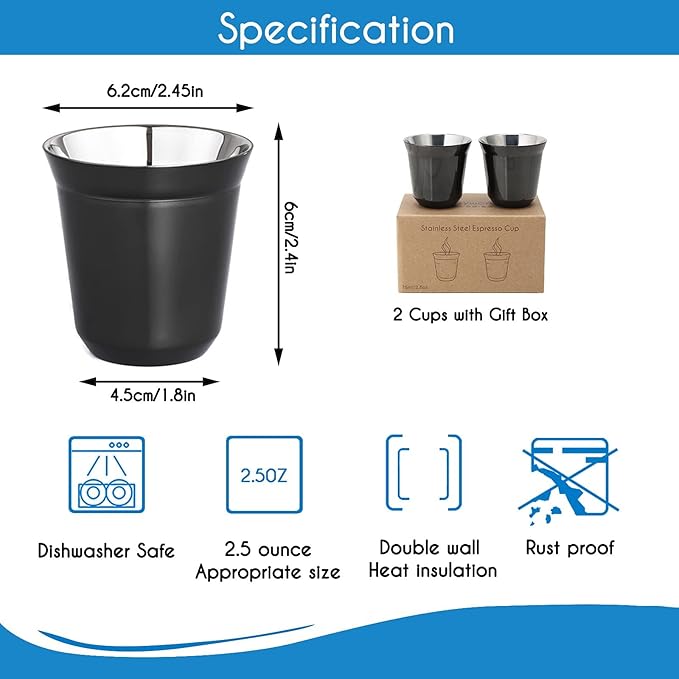 Easyworkz Stainless Steel Espresso Cup 2pcs Set Double Wall 2.5 oz, Bundled Espresso Steaming Pitcher Stainless Steel 15 oz Coffee Frothing Picther Milk Jug Cappuccino Latte Art Cup