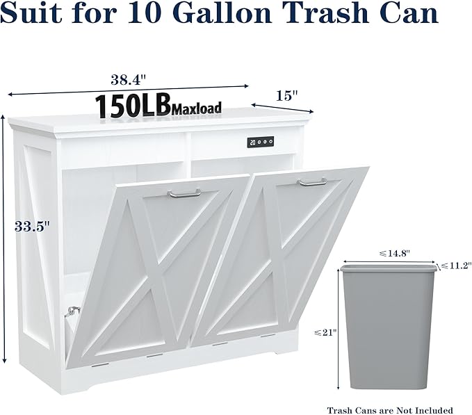 TOLEAD Tilt Out Trash Can Cabinet, 10 Gallon Kitchen Trash Cabinet Hidden Trash Can with Deodorizing & Negative Ion Pet Proof for Kitchen,Dining Room, Living Room,Double White