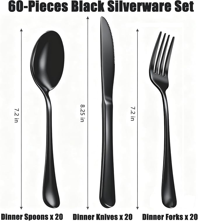 60 Piece Black Silverware Set - Service for 20, Stainless Steel Flatware Cutlery Set Include Knives Spoons Forks, Black Bulk Silverware for Wedding, Restaurant, Home, Dishwasher Safe