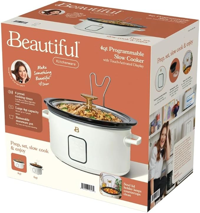 Beautiful 4-Quart Programmable Slow Cooker with Touch-Activated Display, Digital Timer, Keep-Warm Function & Removable Non-Stick Pot