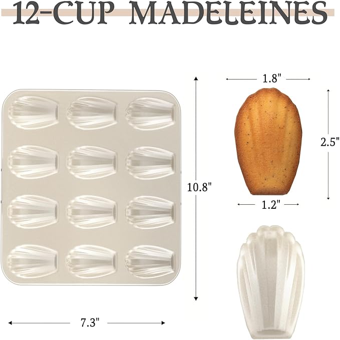 2-Pack Madeleine Pan — 12-Cavity French Shell Cake Mold, Non-Stick Golden Carbon Steel Baking Pan for Classic Madeleines, Tea Cakes & Cookies