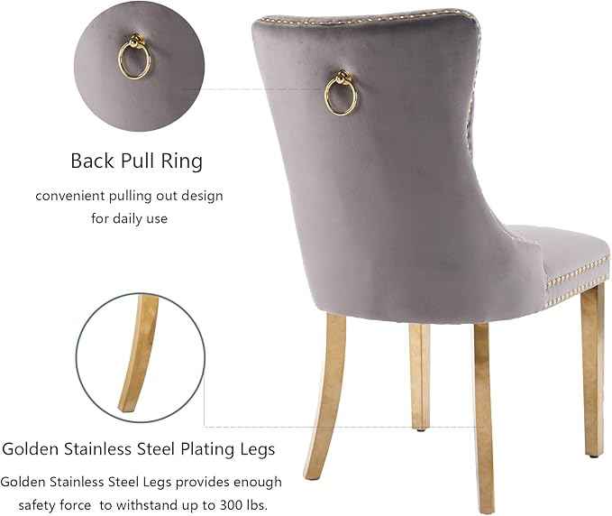 Grey Velvet Dining Chairs Set of 2, Upholstered Dining Room Chairs with Back Ring Pull Trim and Golden Stainless Steel Legs,Modern Kitchen Chairs for Dining Room,Living Room,Kitchen(Grey)