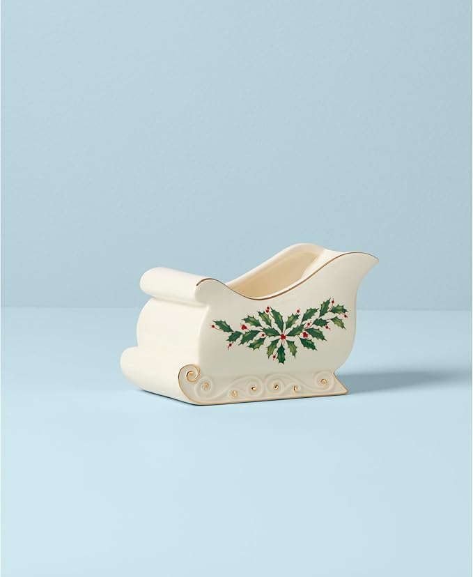 Lenox 886160 Holiday Sleigh Candy Dish, 7.25' L x 4' W, 4.25' H, Christmas Hosting