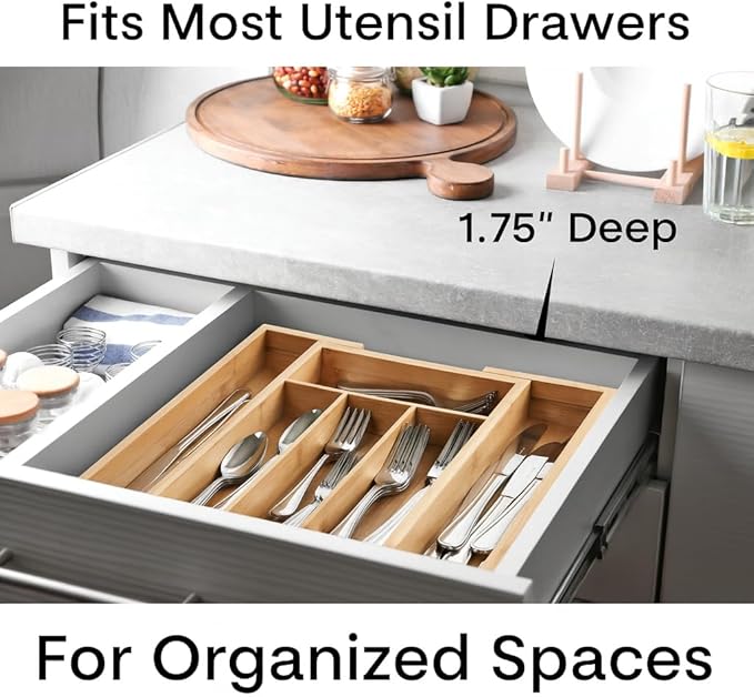 HIC Kitchen Expandable 6-Slot Silverware Cutlery Utensil Storage Tray, Natural Bamboo, Opens to 14-Inches