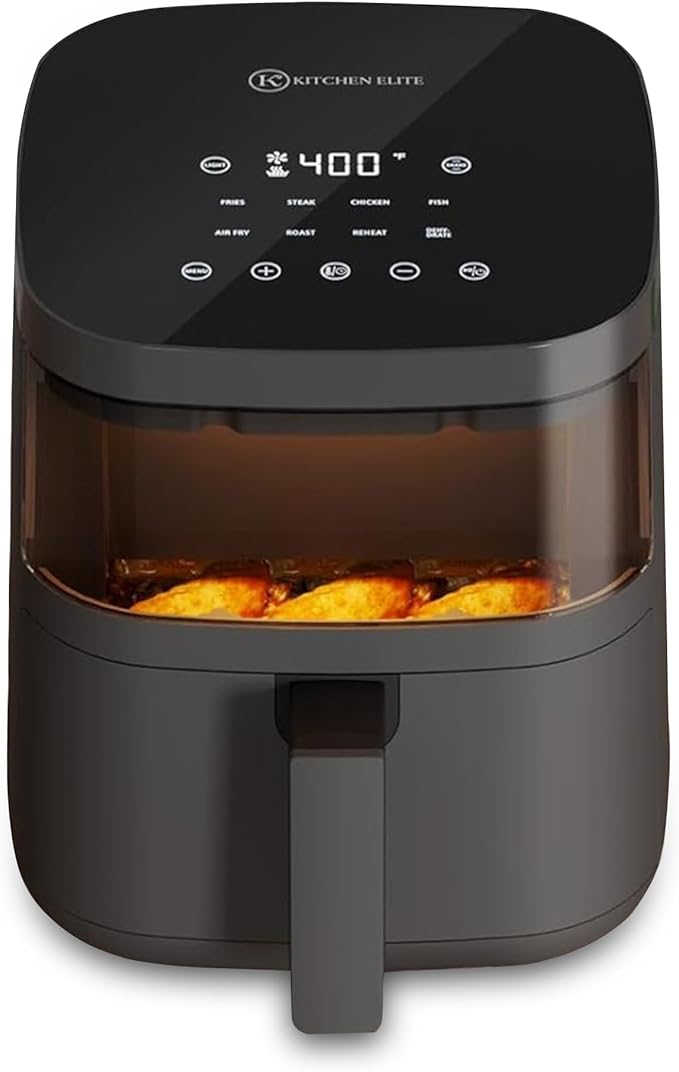 Kitchen Elite Digital Air Fryer Oven with Viewing Window and 8 Presets, 4 Quart, Touchscreen Cooker, Precise Temp Control, Elegant Gray
