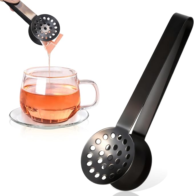 Tea Bag Squeezer Tongs, Stainless Steel Tea Bag Squeezer Tongs, Teabag Filter, Dispenser Accessories for Teas Drinkers, Durable Round Strainer Gripper Picker (Black)