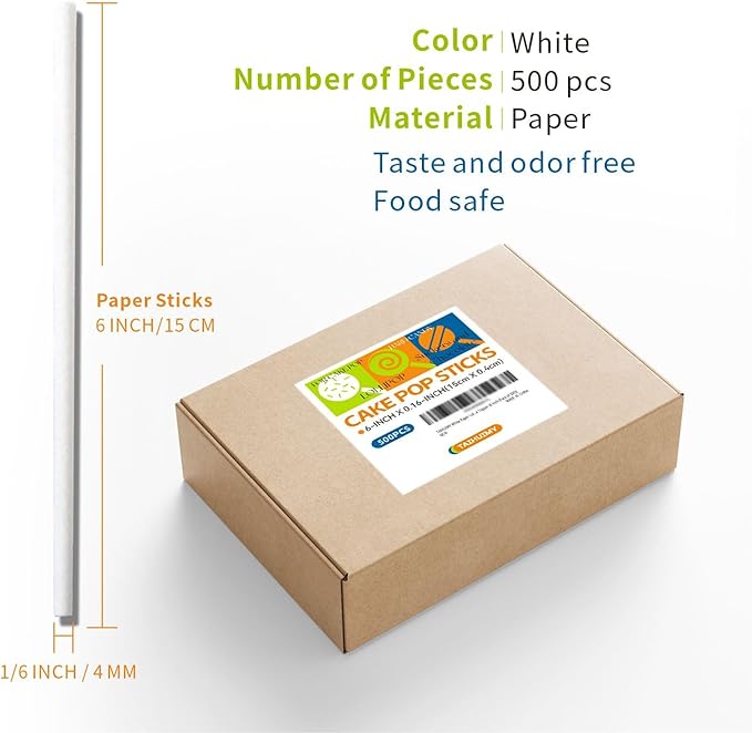 500 Count 6 INCH White Paper Lollipop Sticks,Cake Pop Sticks,Sucker Sticks for Cookies,Rainbow Candy,Chocolate,Cake Topper(Dia 4mm)