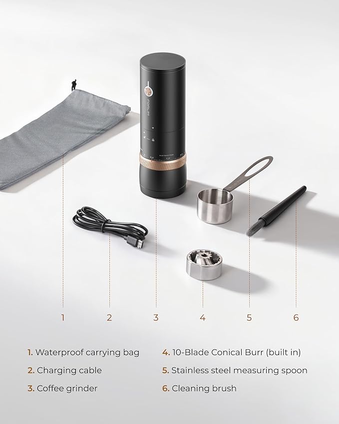 FORLIM Portable Electric Coffee Grinder, Cordless Rechargeable Coffee Bean Grinder with 80 Scale Precise Grinding Settings, Double-Click Start, 10-Blade Burr Coffee Grinders, Clog‑Protection